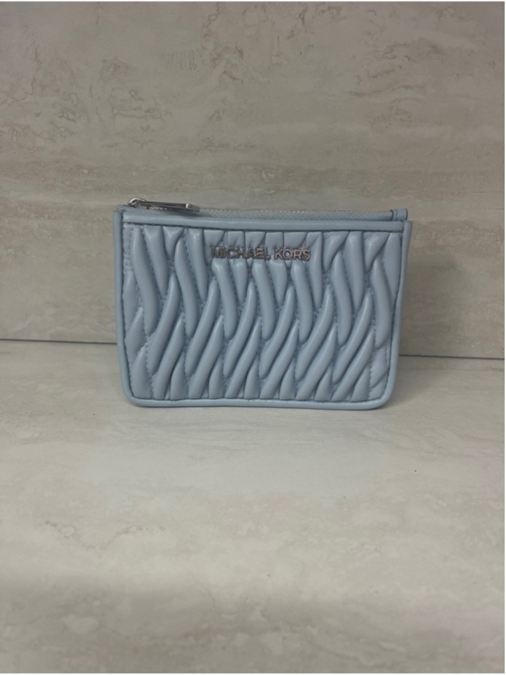 Michael Kors Matelasse Small TZ Coinpouch Keychain With ID Pale Ocean